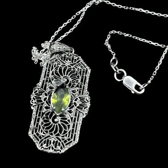 Sterling Silver Green Peridot Filigree Pendant Art Deco Revival 925 Silver Chain - Picture 5 of 7